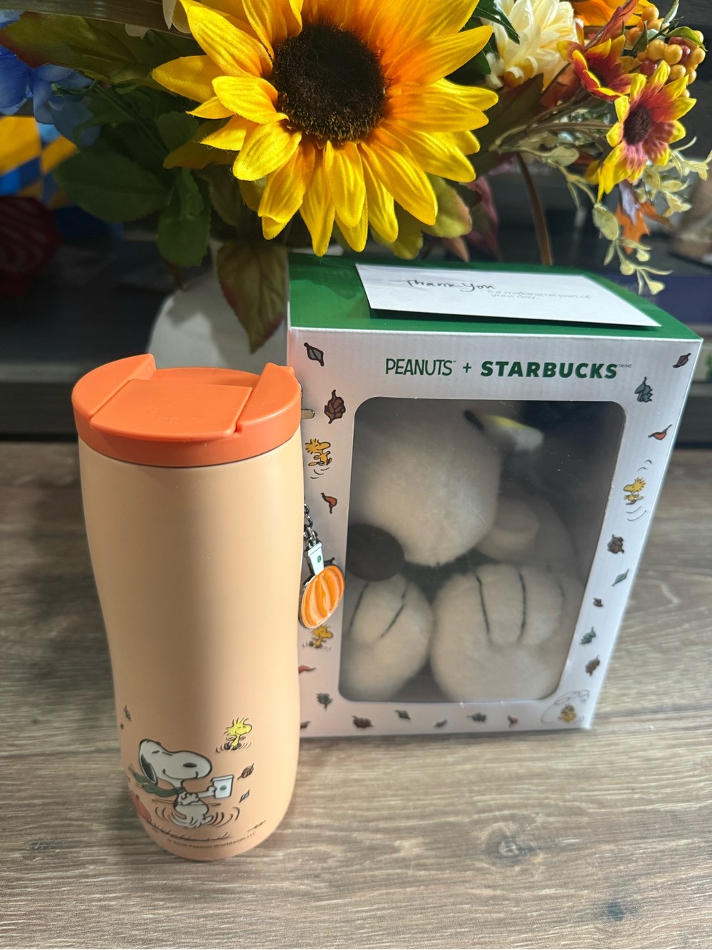 Starbucks x Peanuts Orange Tumbler and Snoopy Plush